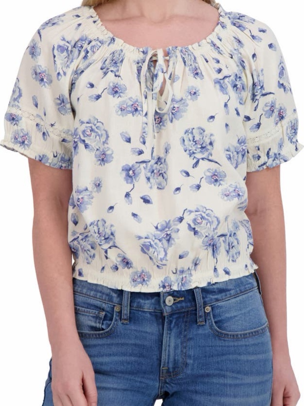Lucky Brand Floral Puff Sleeve Cotton Bubble Top Size M